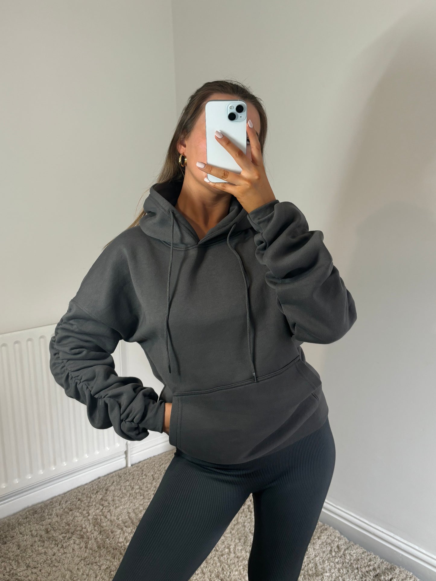 HARPER ruched sleeve drawstring hoodie
