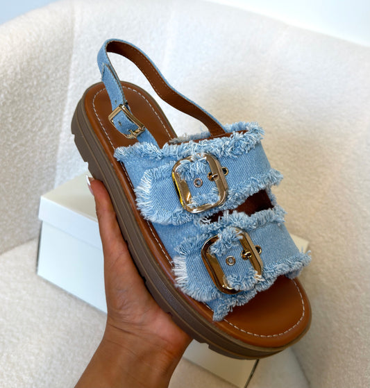 Denim chunky buckle sandals