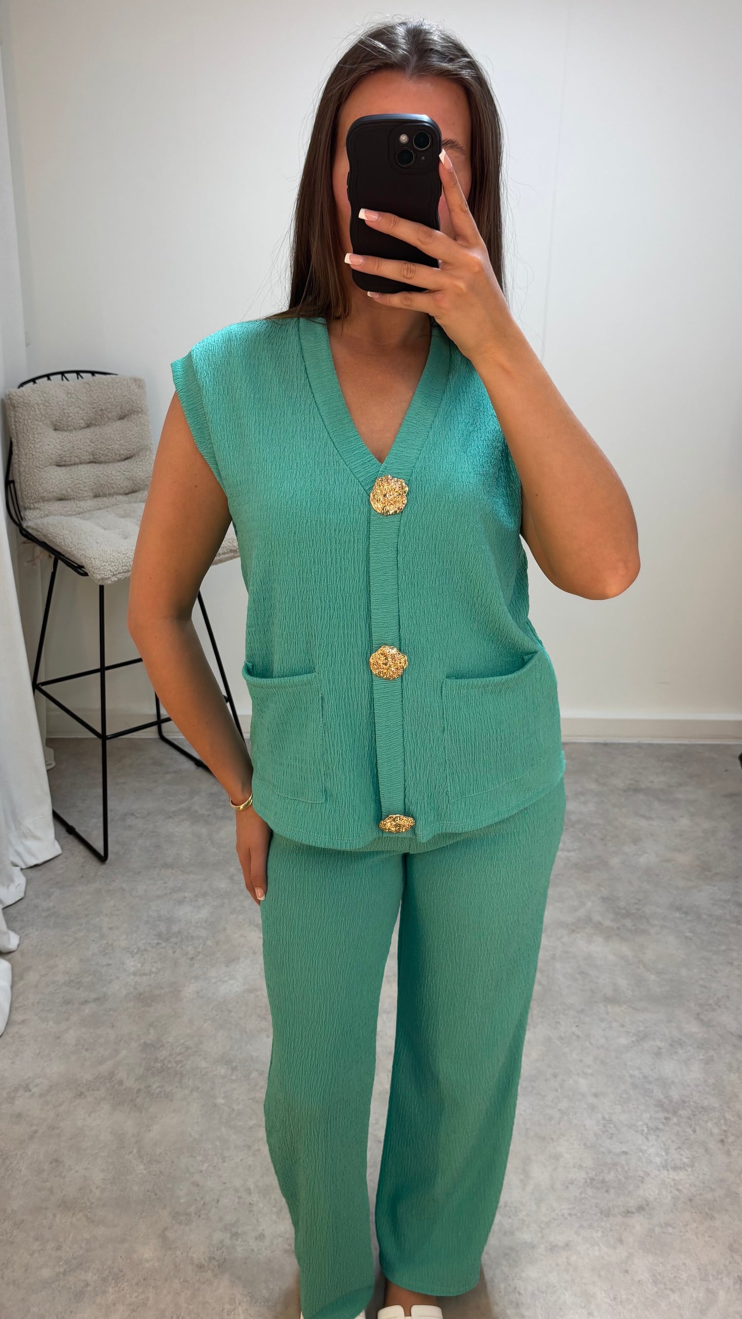 Gold Button Cheesecloth Crinkle Waistcoat Lightweight Set