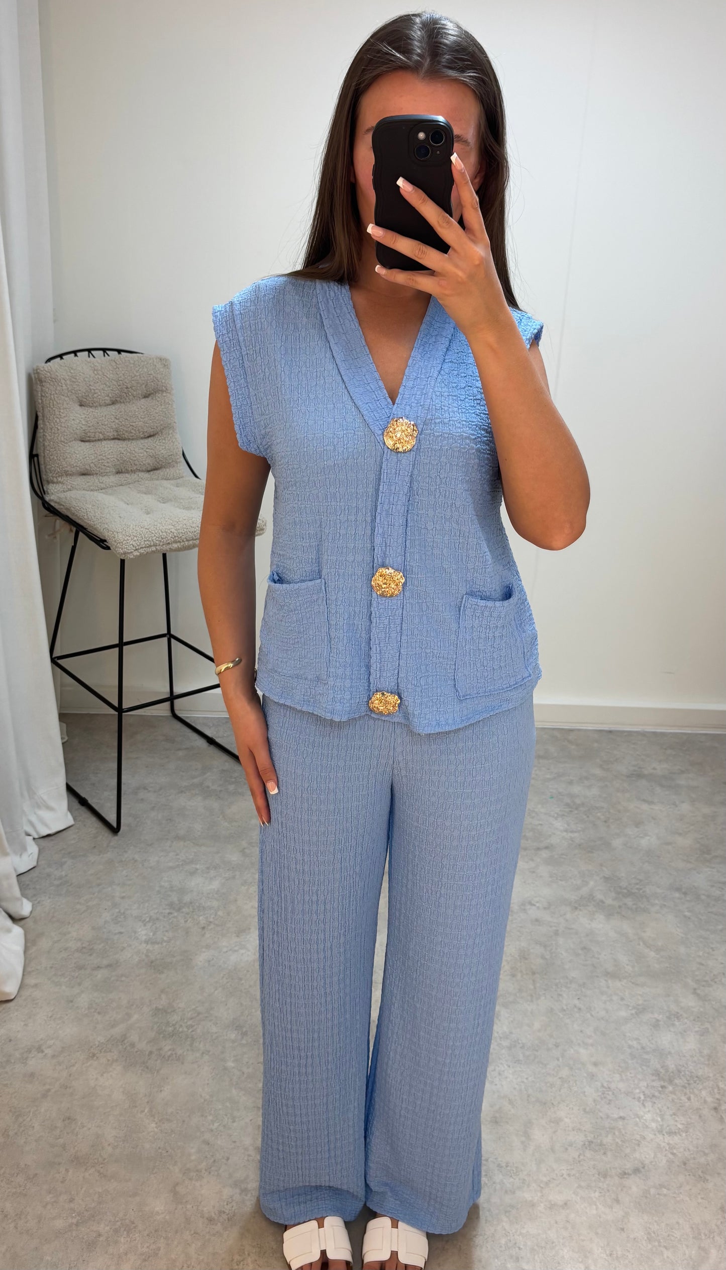 Gold Button Cheesecloth Crinkle Waistcoat Lightweight Set