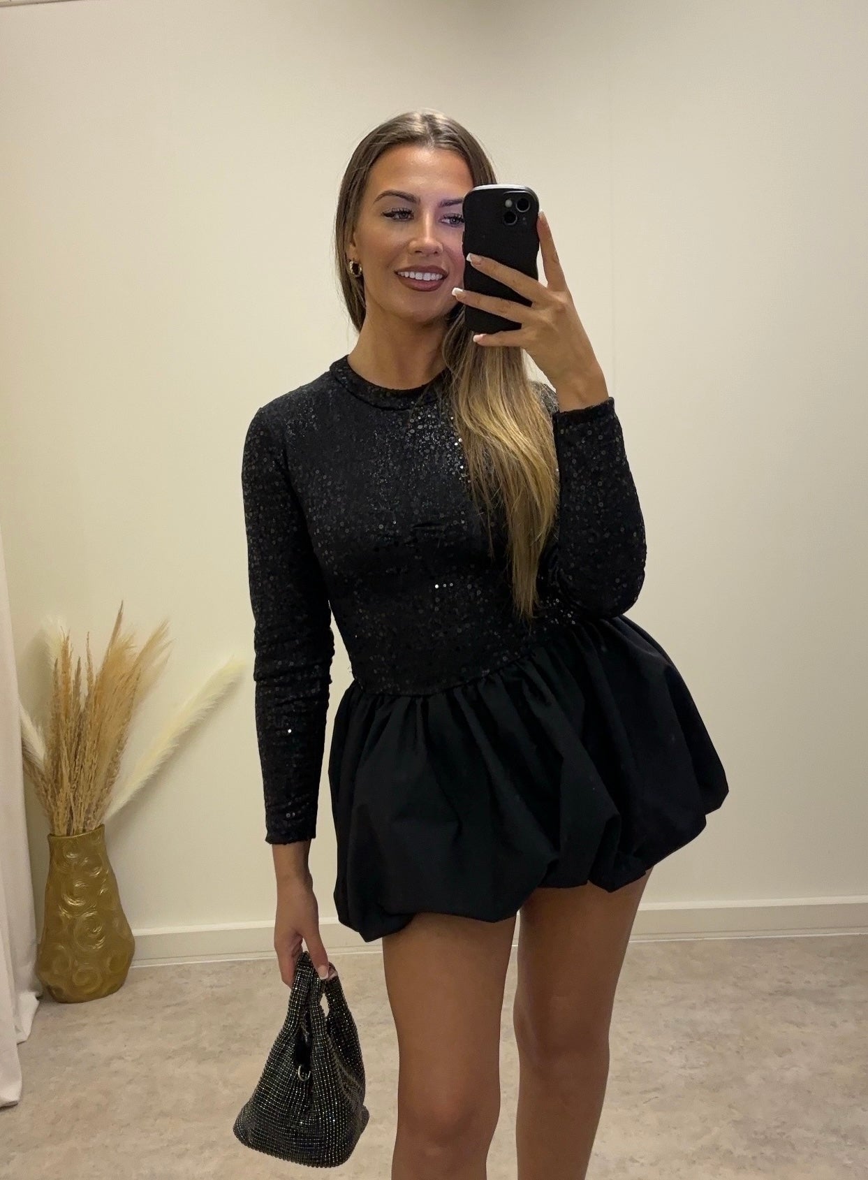 MIDNIGHT puffball sequinned dress