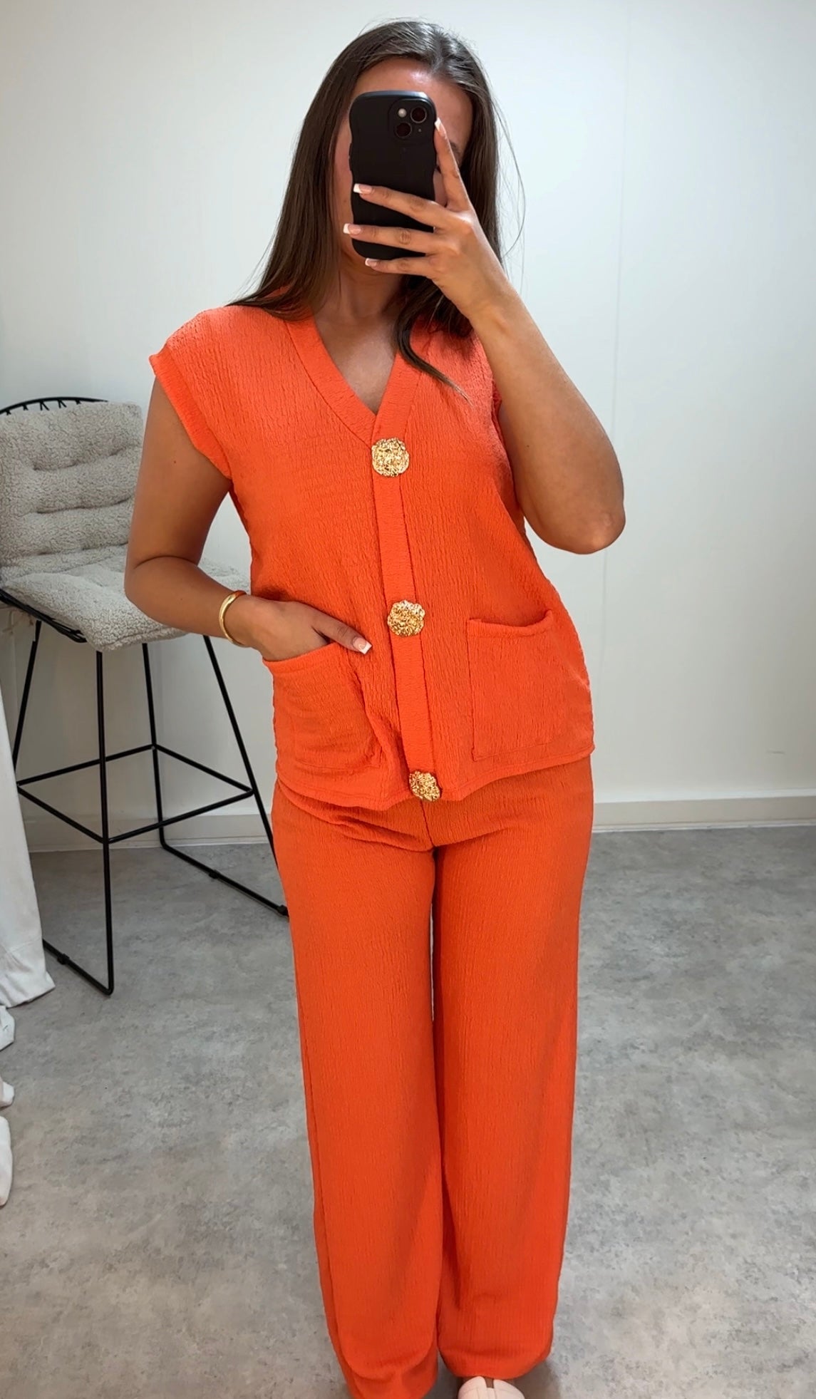 Gold Button Cheesecloth Crinkle Waistcoat Lightweight Set