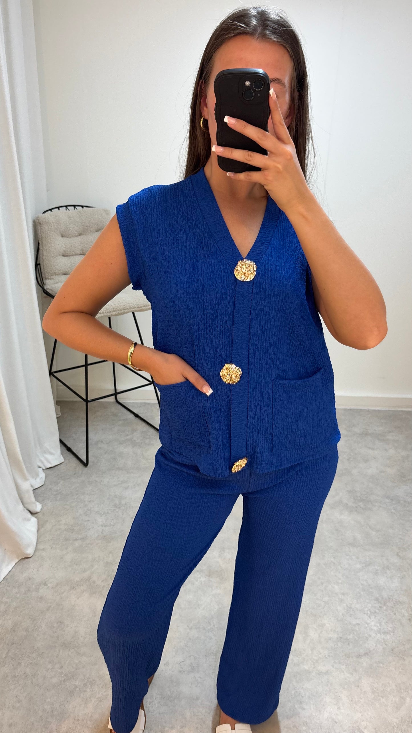 Gold Button Cheesecloth Crinkle Waistcoat Lightweight Set