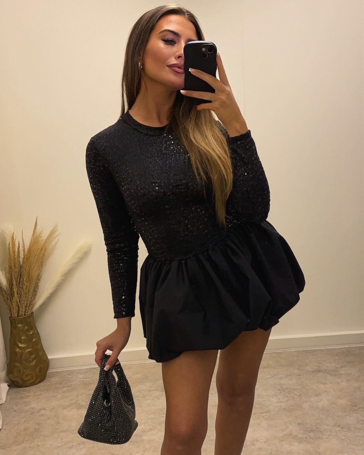 MIDNIGHT puffball sequinned dress